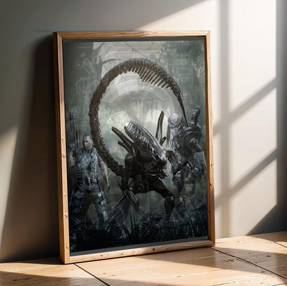 Aliens vs. Predator 2010 alien promo art in an oak frame leaning on a wooden floor
