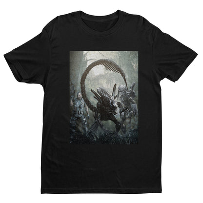 Aliens vs. Predator alien promo art tee — black unisex t-shirt, front view