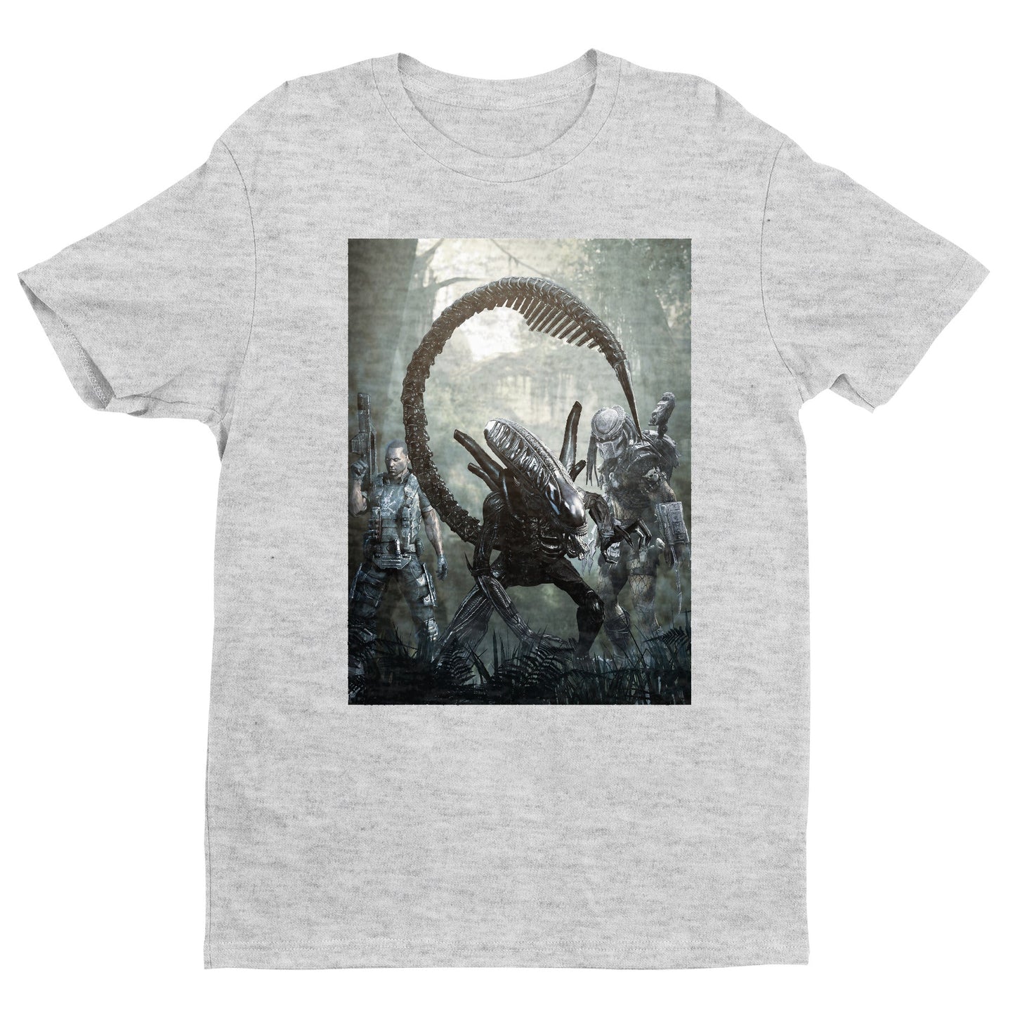 Aliens vs. Predator alien promo art tee — gray unisex t-shirt, front view