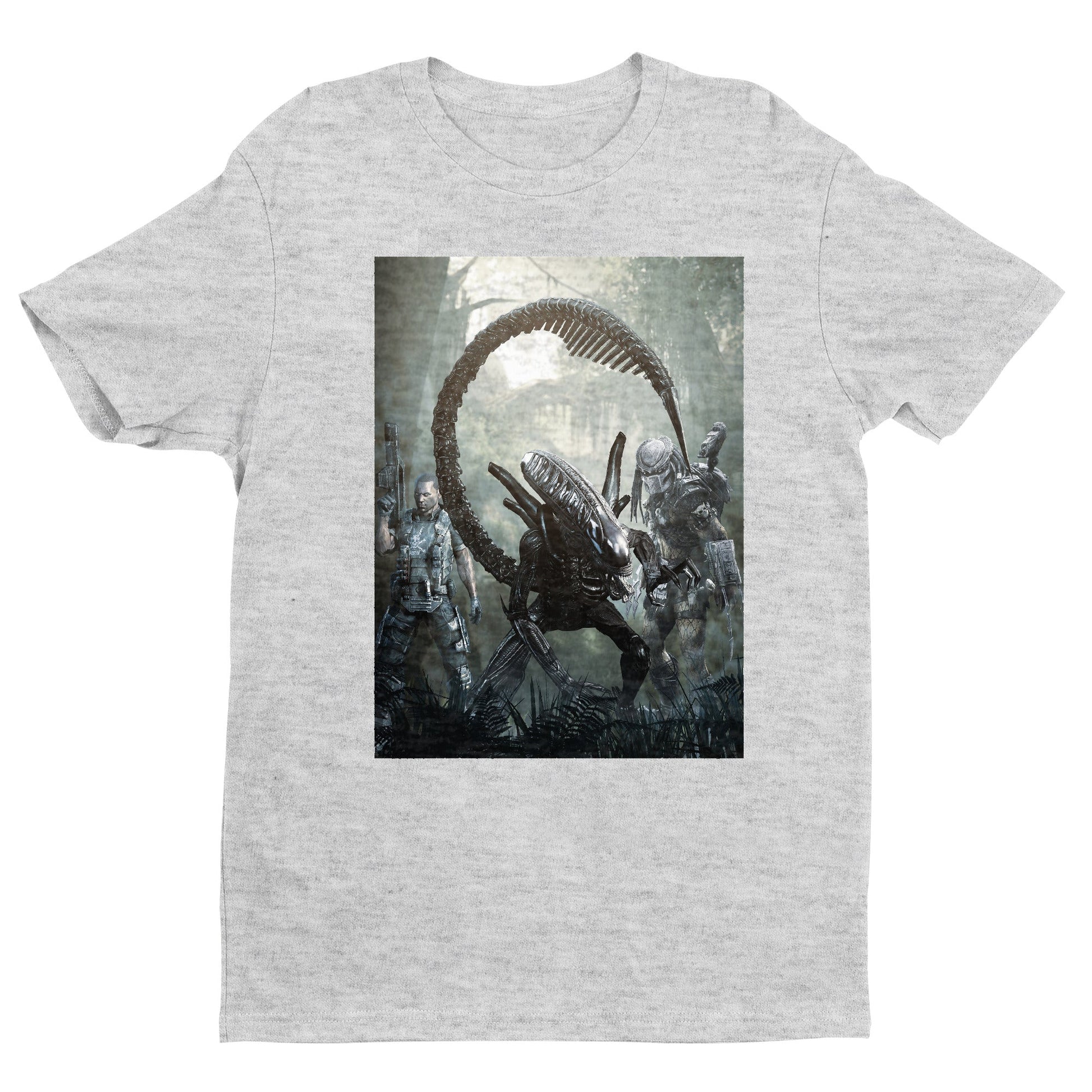 Aliens vs. Predator alien promo art tee — gray unisex t-shirt, front view