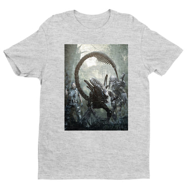 Aliens vs. Predator alien promo art tee — gray unisex t-shirt, front view