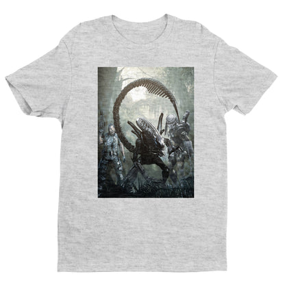 Aliens vs. Predator alien promo art tee — gray unisex t-shirt, front view