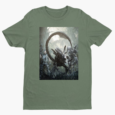 Aliens vs. Predator alien promo art tee — green unisex t-shirt, front view