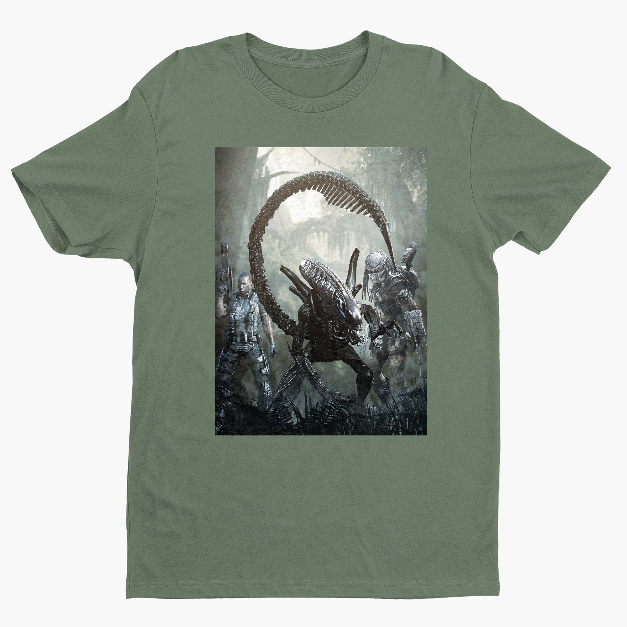 Aliens vs. Predator alien promo art tee — green unisex t-shirt, front view