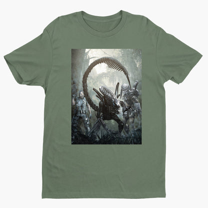 Aliens vs. Predator alien promo art tee — green unisex t-shirt, front view