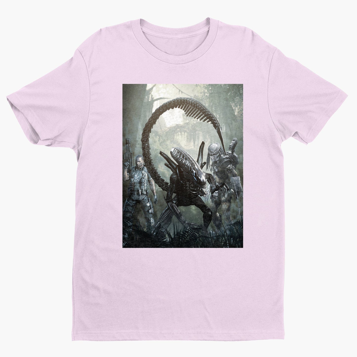Aliens vs. Predator alien promo art tee — light pink unisex t-shirt, front view