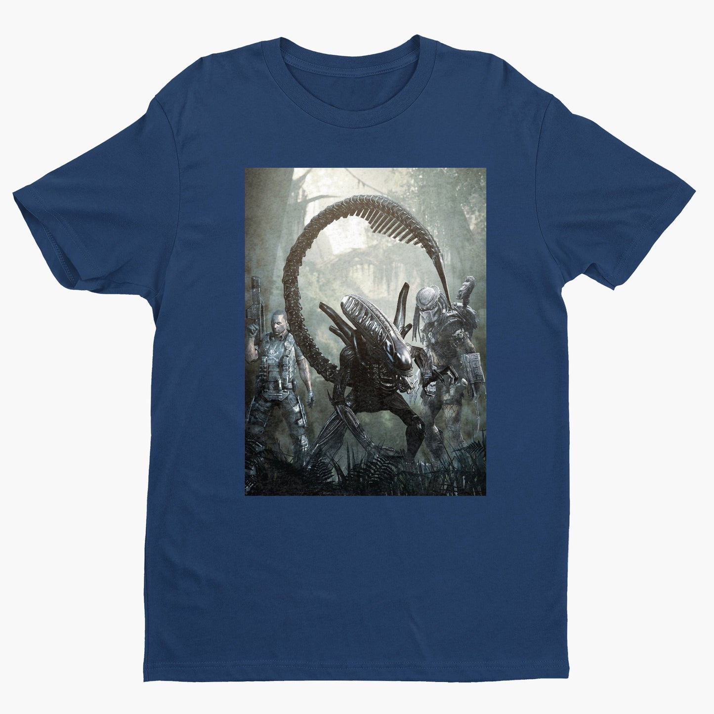 Aliens vs. Predator alien promo art tee — navy unisex t-shirt, front view