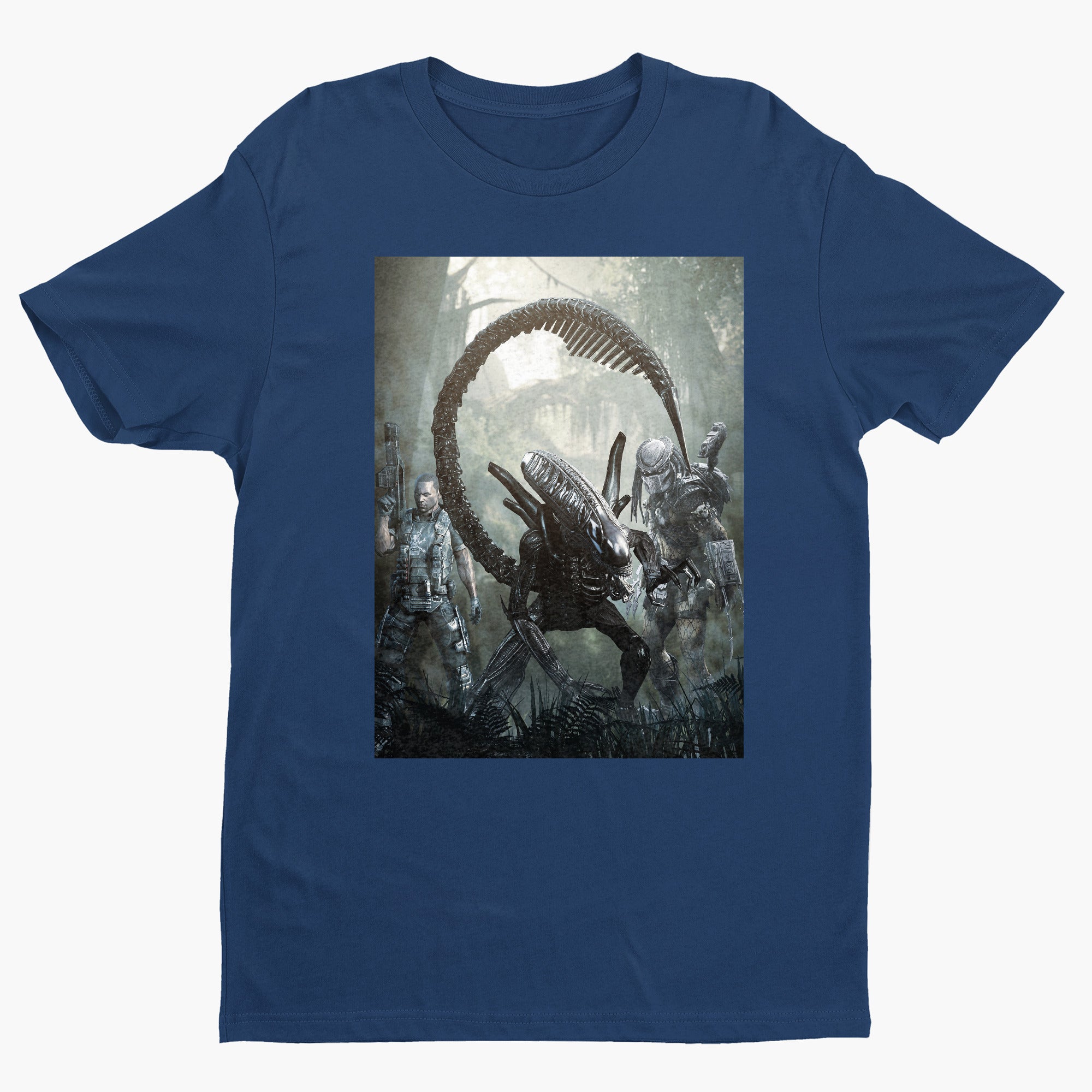 Aliens vs. Predator alien promo art tee — navy unisex t-shirt, front view