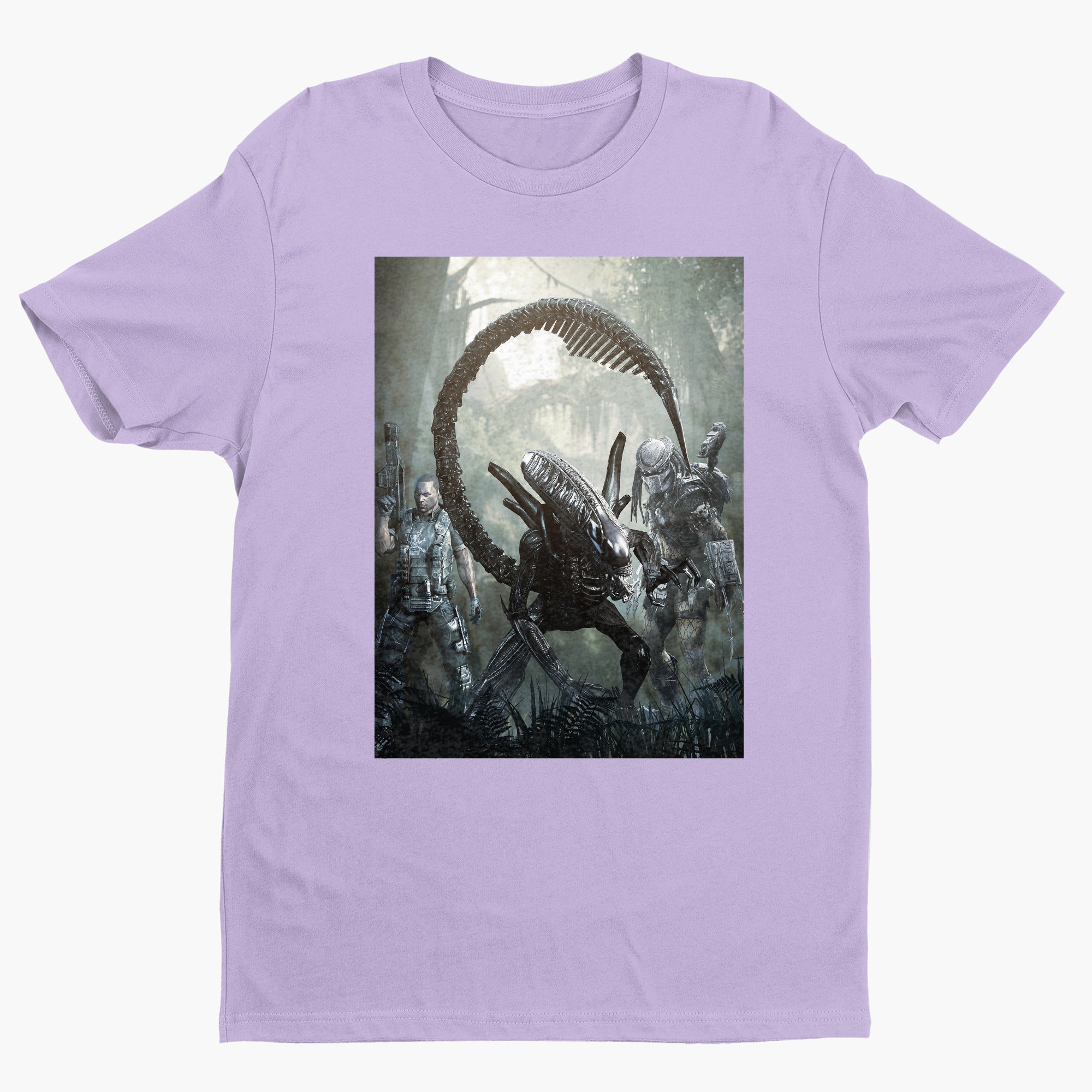Aliens vs. Predator alien promo art tee — violet unisex t-shirt, front view
