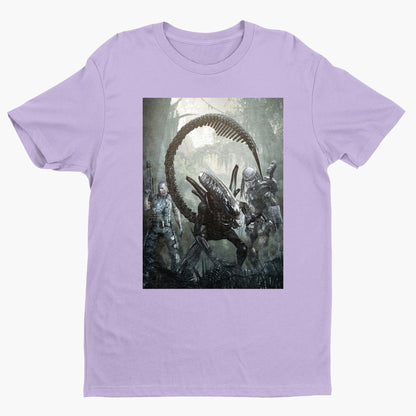 Aliens vs. Predator alien promo art tee — violet unisex t-shirt, front view