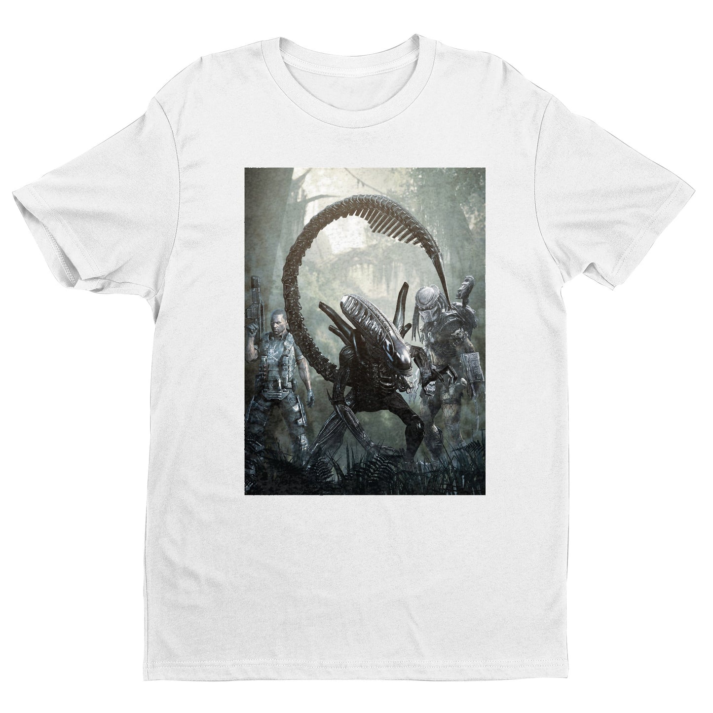 Aliens vs. Predator alien promo art tee — white unisex t-shirt, front view