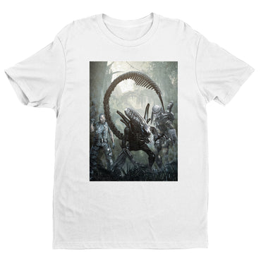 Aliens vs. Predator alien promo art tee — white unisex t-shirt, front view