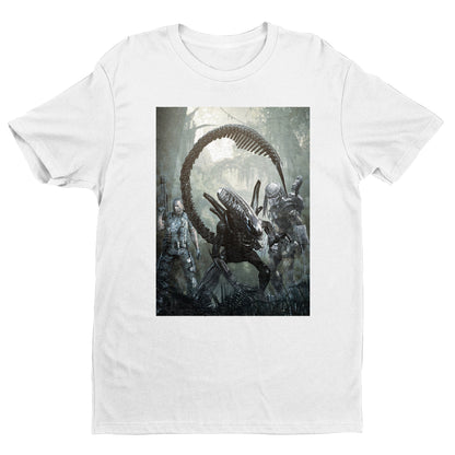 Aliens vs. Predator alien promo art tee — white unisex t-shirt, front view