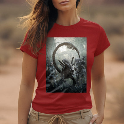 Aliens vs. Predator alien promo art tee worn by a model, red