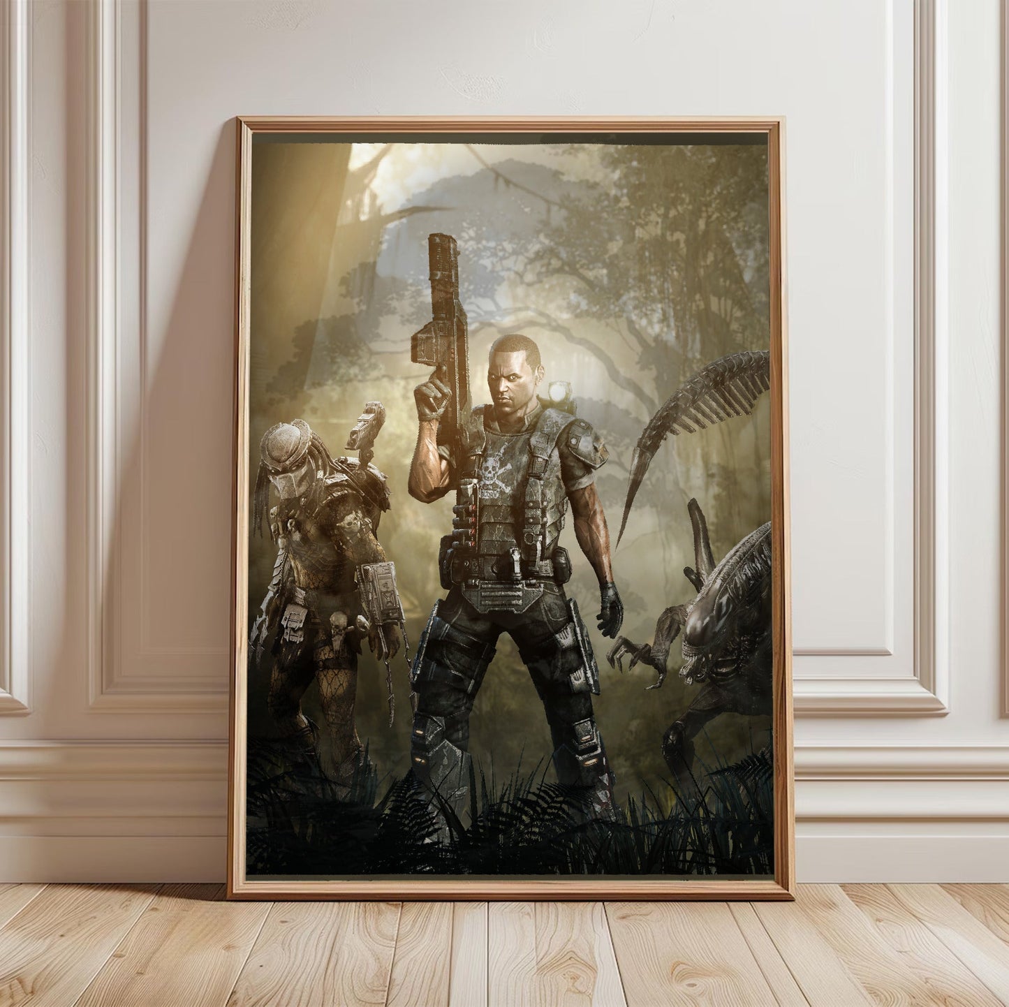 Aliens vs. Predator 2010 colonial marine promo art in a light oak frame leaning against a white wall