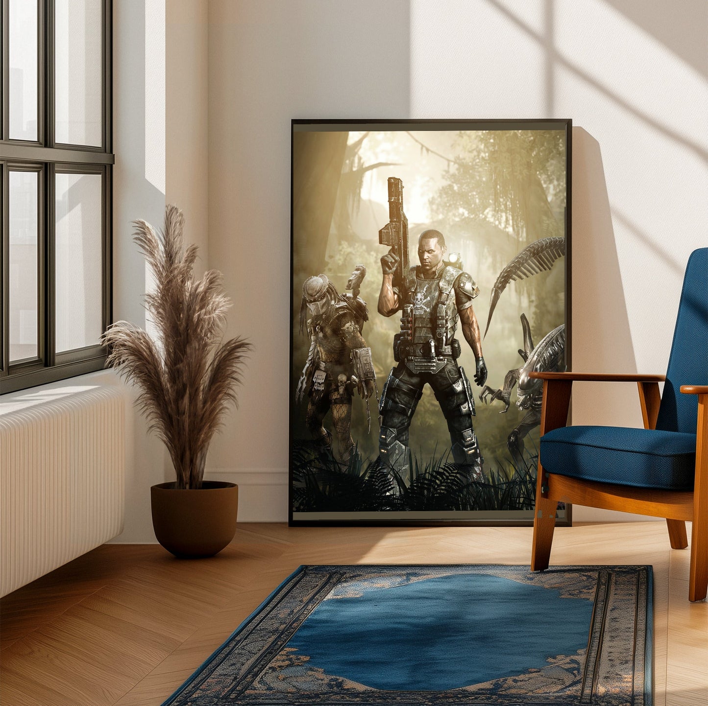 Aliens vs. Predator 2010 colonial marine promo art framed beside a blue armchair in a sunlit room