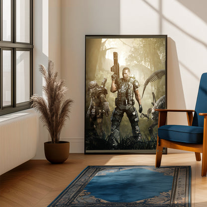 Aliens vs. Predator 2010 colonial marine promo art framed beside a blue armchair in a sunlit room