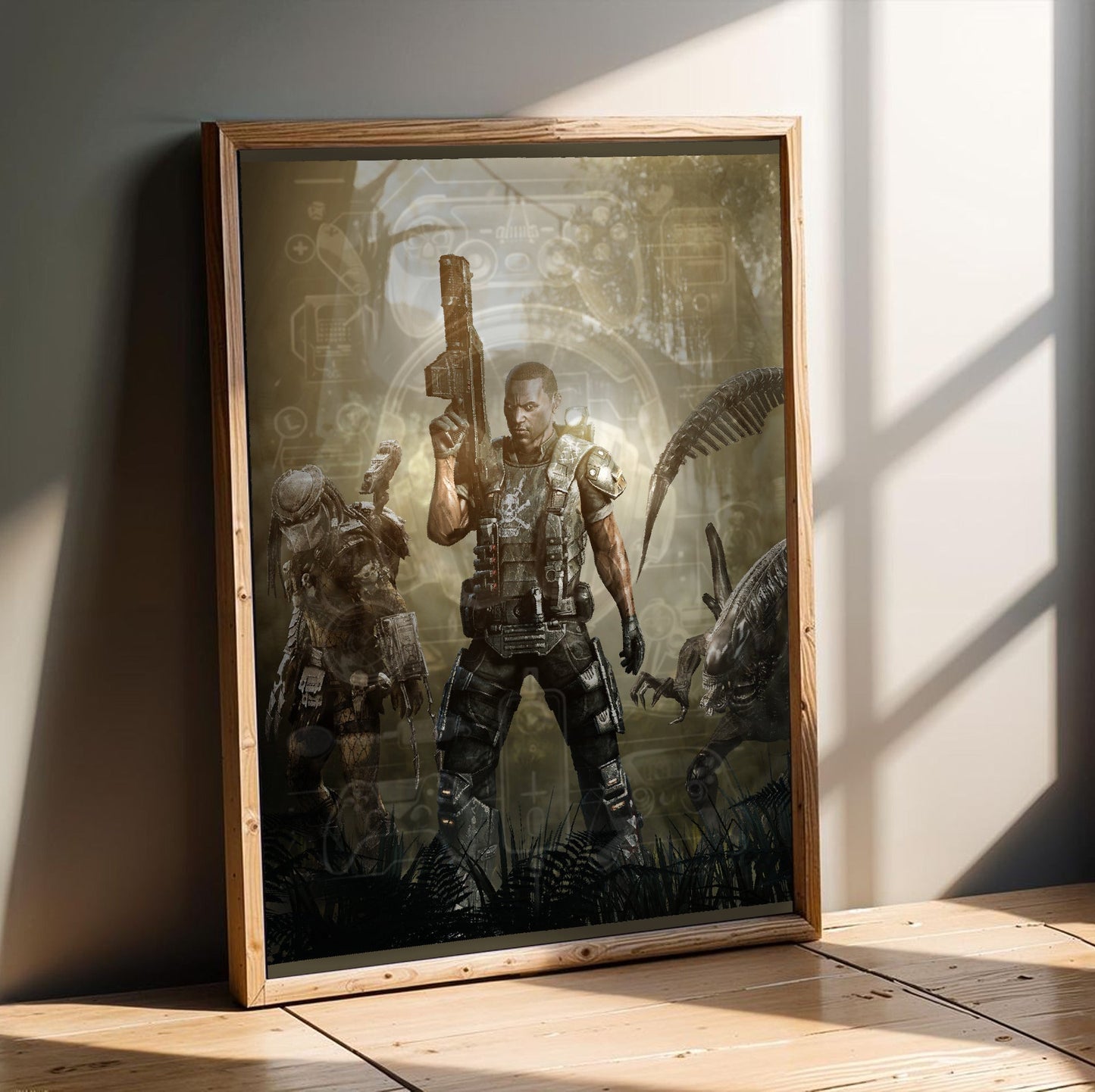 Aliens vs. Predator 2010 colonial marine promo art in an oak frame leaning on a wooden floor