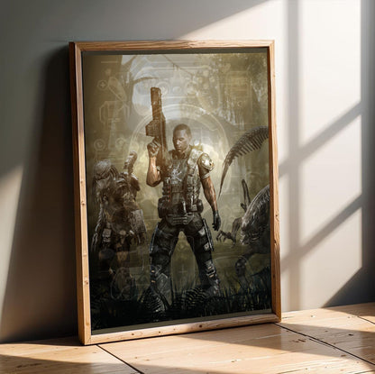 Aliens vs. Predator 2010 colonial marine promo art in an oak frame leaning on a wooden floor