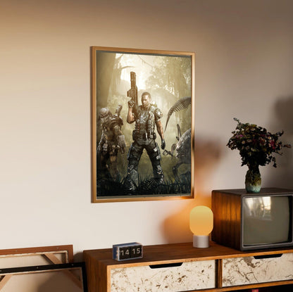 Aliens vs. Predator 2010 colonial marine promo art in an oak frame above a sideboard