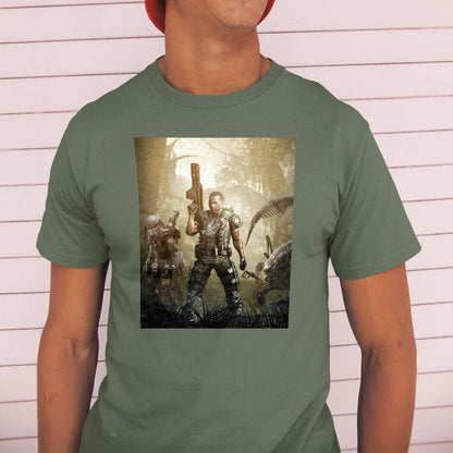 Aliens vs. Predator Colonial Marine tee worn by a model in a cap, green