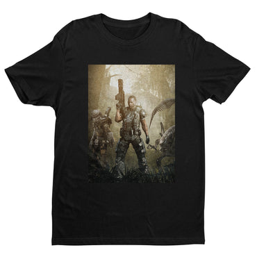 Aliens vs. Predator Colonial Marine tee — black unisex t-shirt, front view