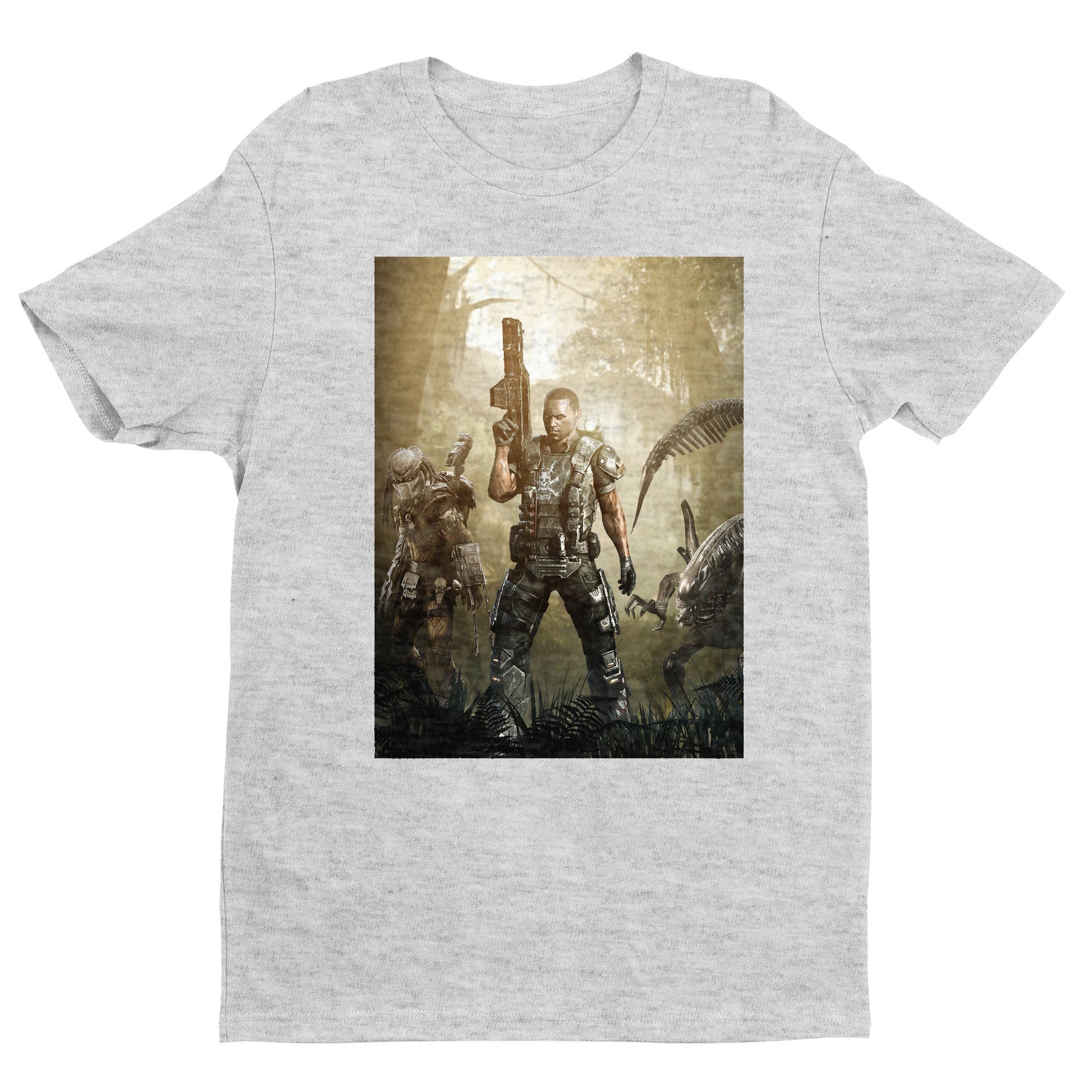 Aliens vs. Predator Colonial Marine tee — gray unisex t-shirt, front view
