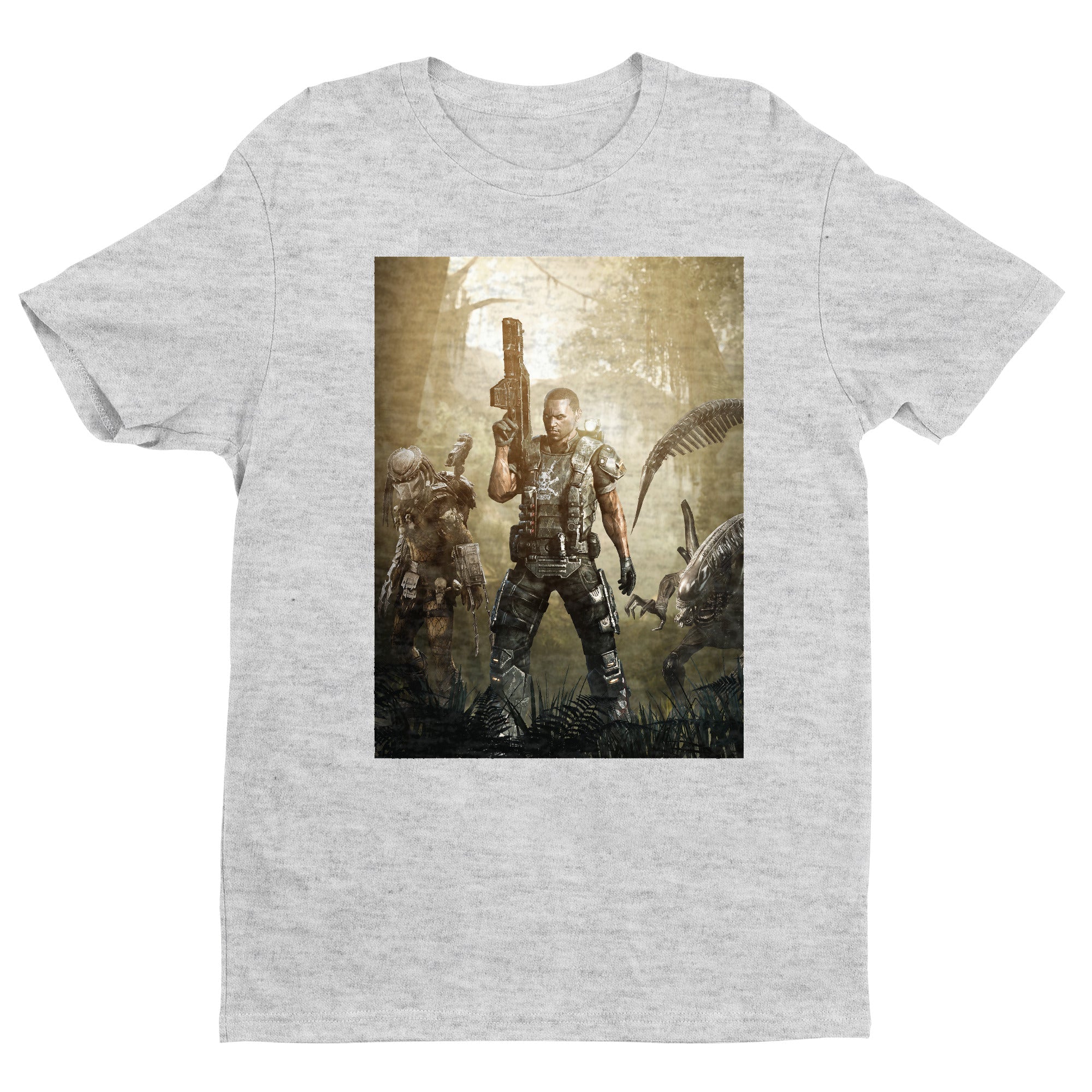 Aliens vs. Predator Colonial Marine tee — gray unisex t-shirt, front view