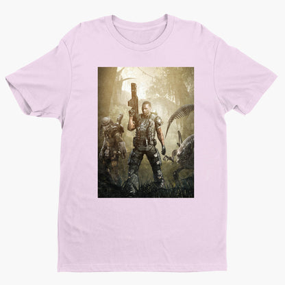Aliens vs. Predator Colonial Marine tee — light pink unisex t-shirt, front view