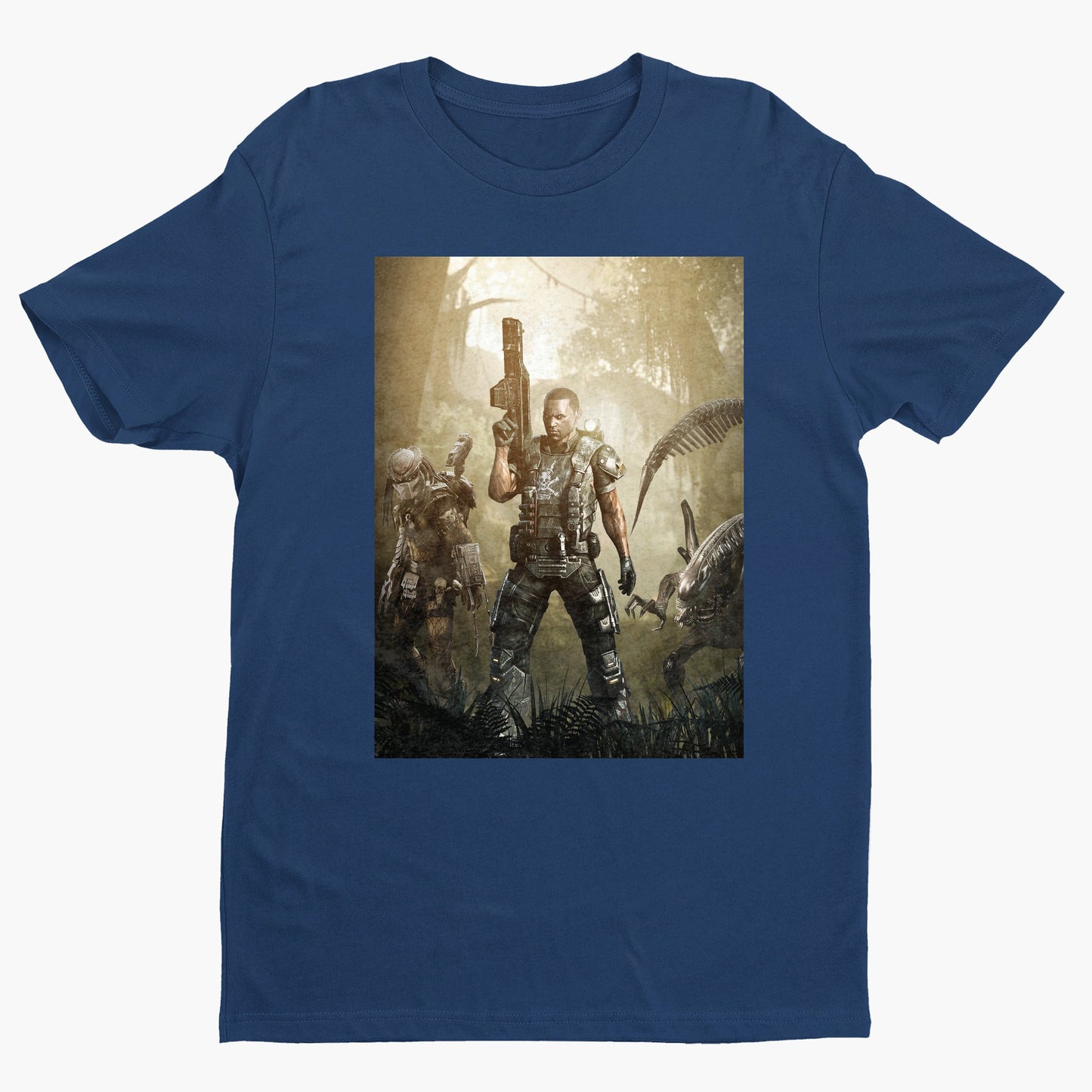 Aliens vs. Predator Colonial Marine tee — navy unisex t-shirt, front view