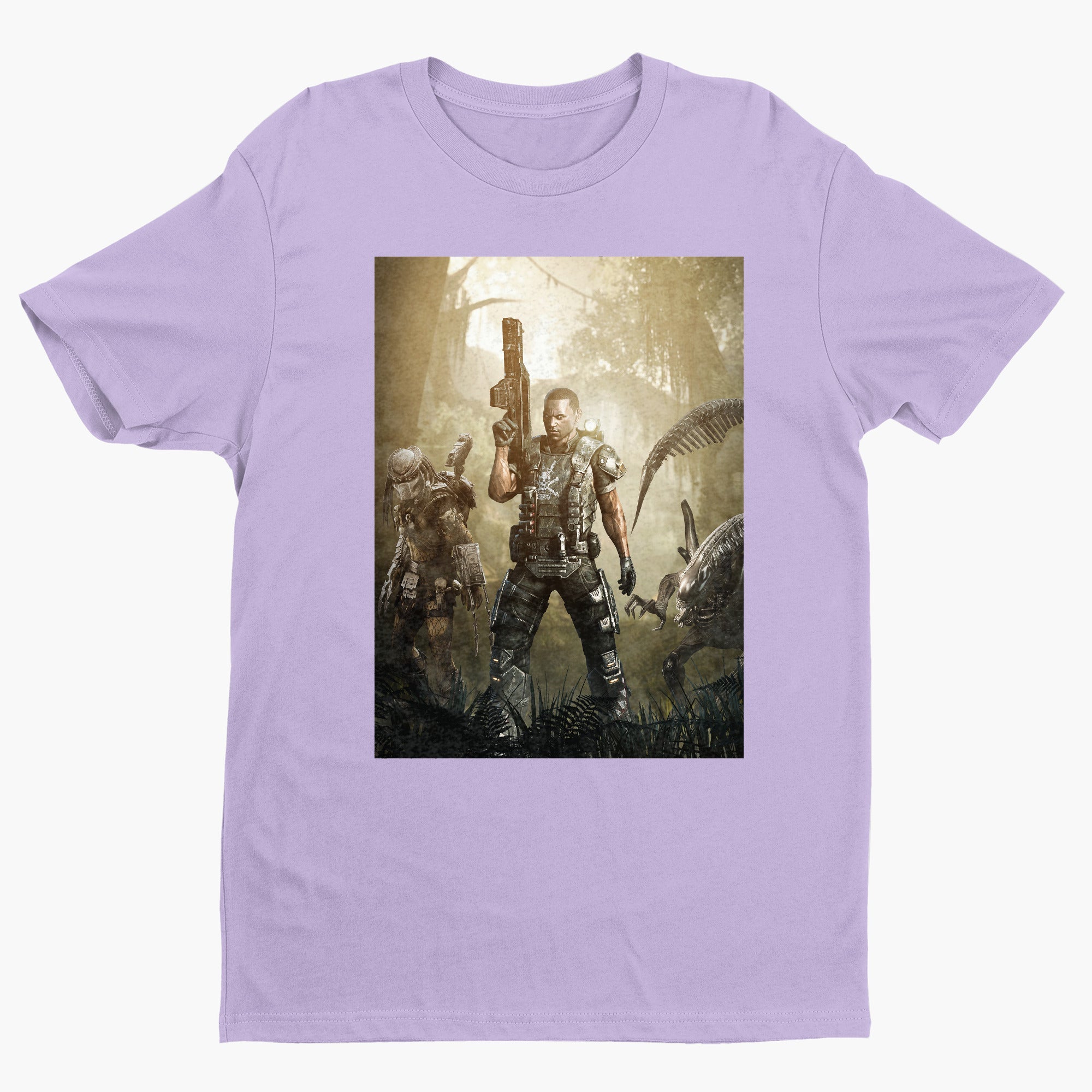 Aliens vs. Predator Colonial Marine tee — violet unisex t-shirt, front view