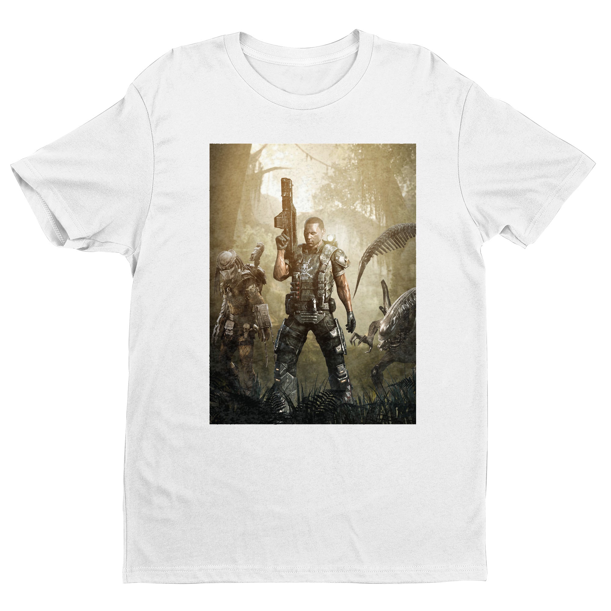 Aliens vs. Predator Colonial Marine tee — white unisex t-shirt, front view