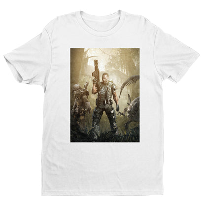 Aliens vs. Predator Colonial Marine tee — white unisex t-shirt, front view