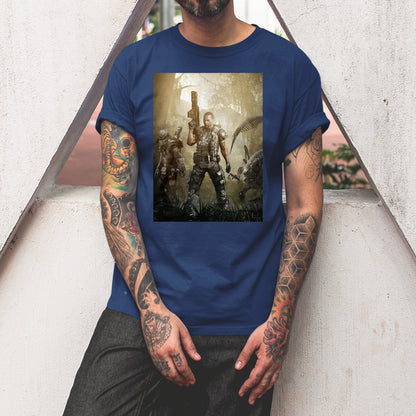 Aliens vs. Predator Colonial Marine tee worn by a model, navy