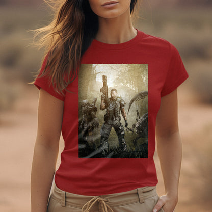 Aliens vs. Predator Colonial Marine tee worn by a model, red