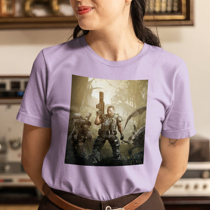 Aliens vs. Predator Colonial Marine tee worn by a model, violet