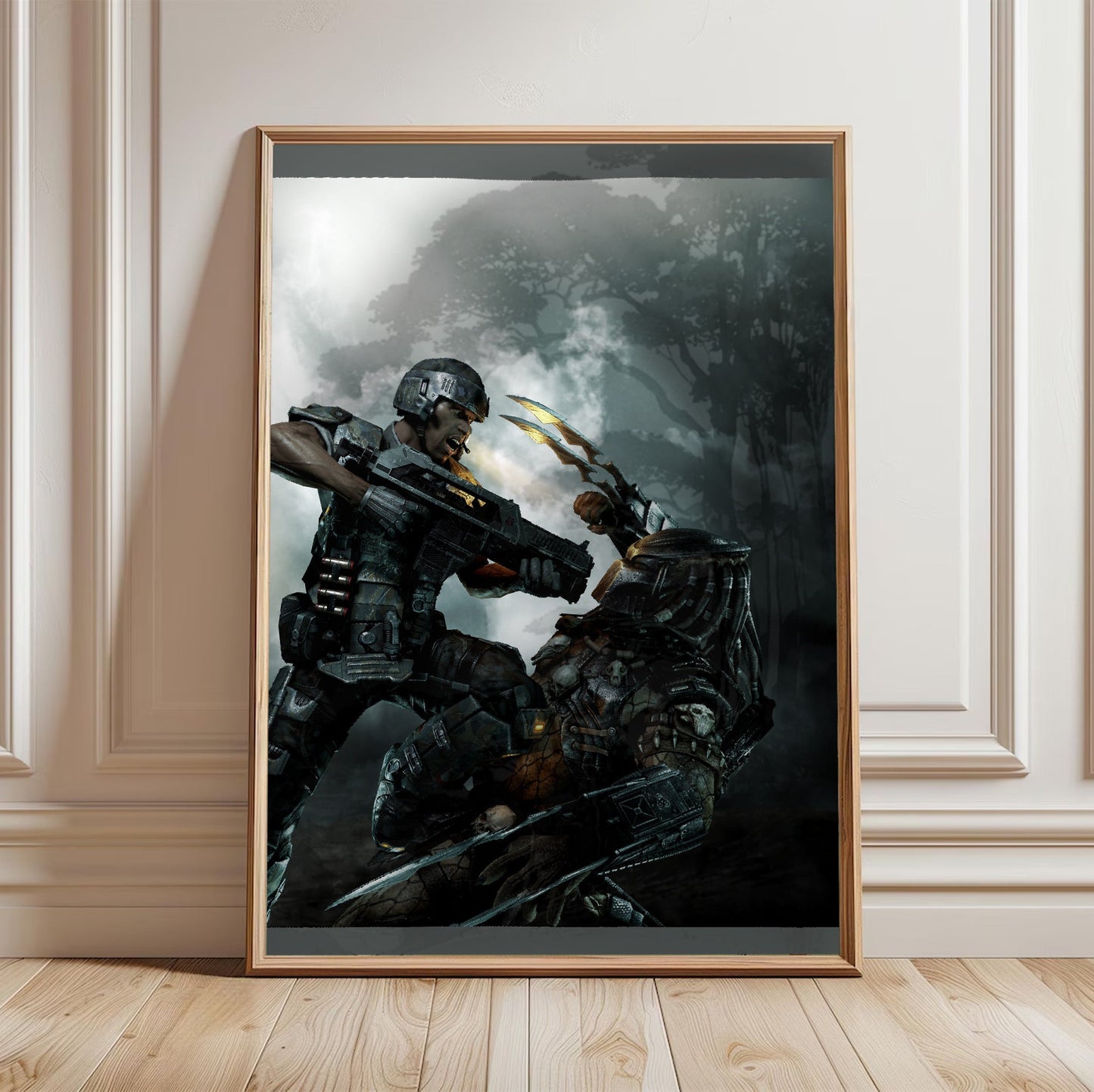 Aliens vs. Predator 2010 marketing art by Mike Man in a light oak frame leaning against a white wall