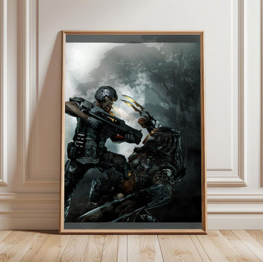 Aliens vs. Predator 2010 marketing art by Mike Man in a light oak frame leaning against a white wall