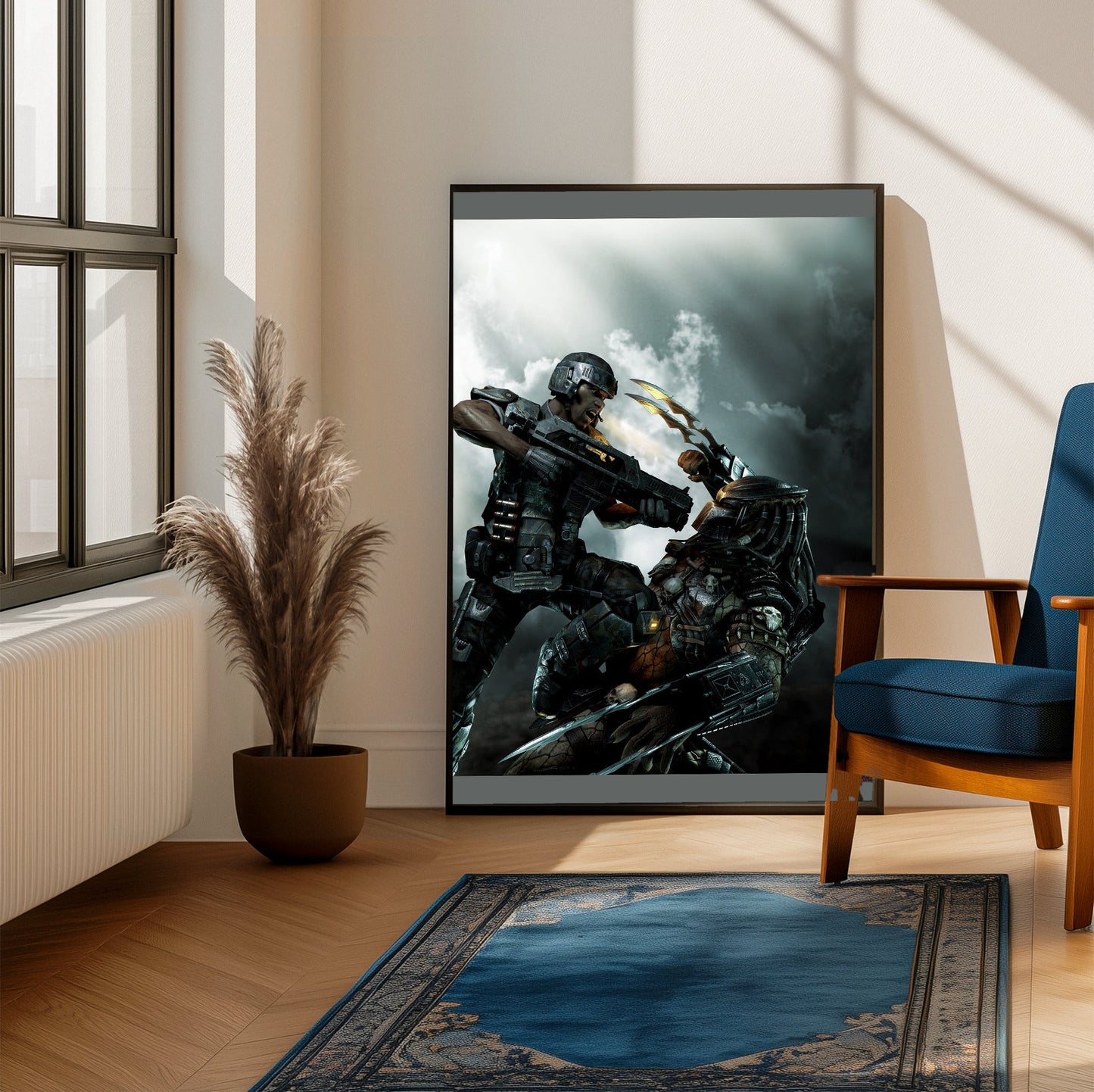 Aliens vs. Predator 2010 marketing art by Mike Man framed beside a blue armchair in a sunlit room