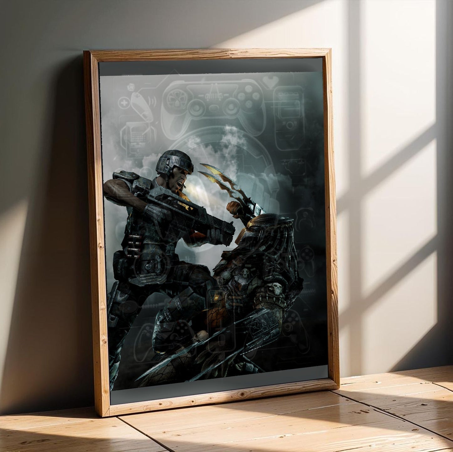 Aliens vs. Predator 2010 marketing art by Mike Man in an oak frame leaning on a wooden floor