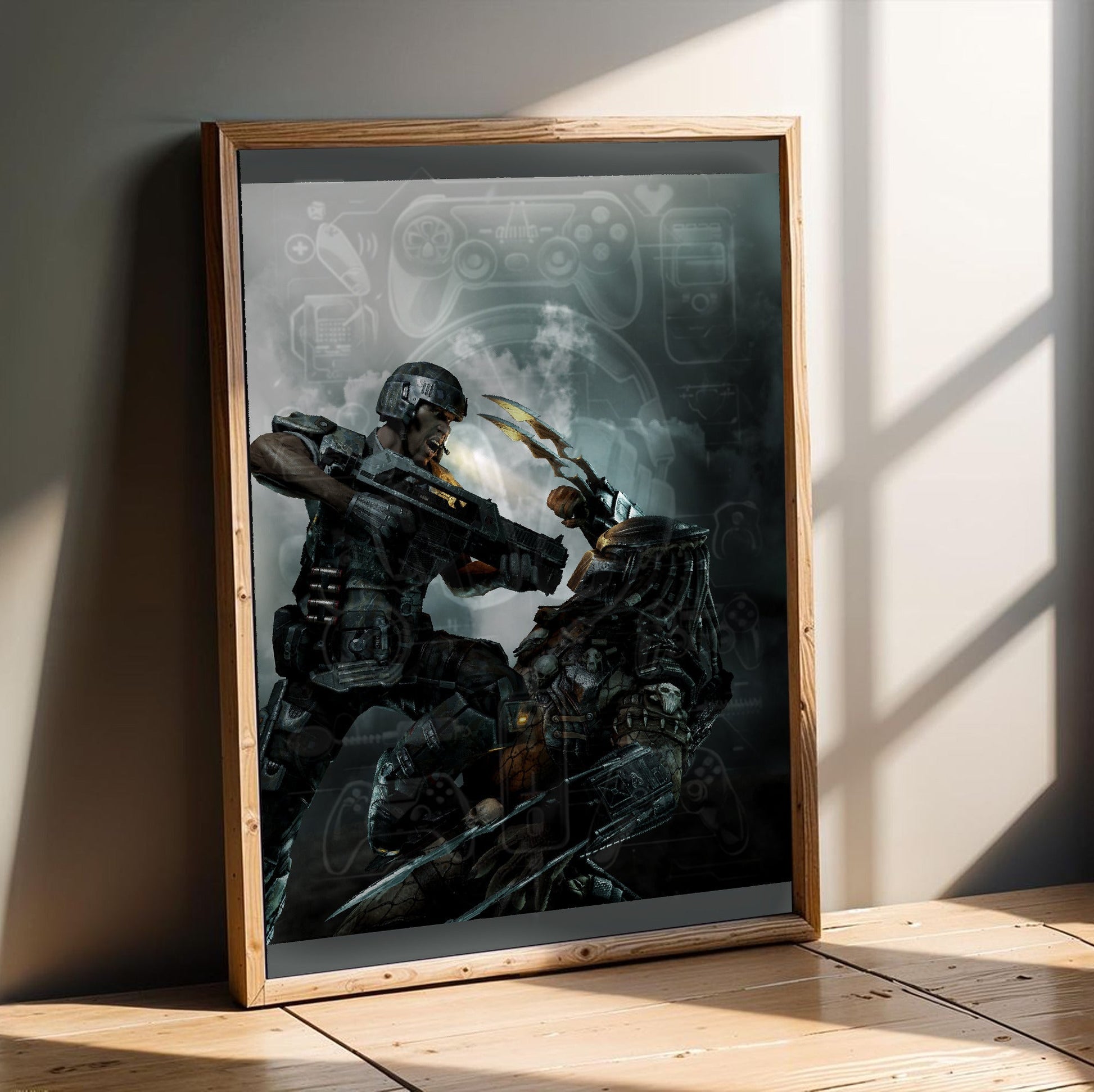 Aliens vs. Predator 2010 marketing art by Mike Man in an oak frame leaning on a wooden floor