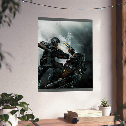 Aliens vs. Predator 2010 marketing art by Mike Man unframed on a white wall above a desk