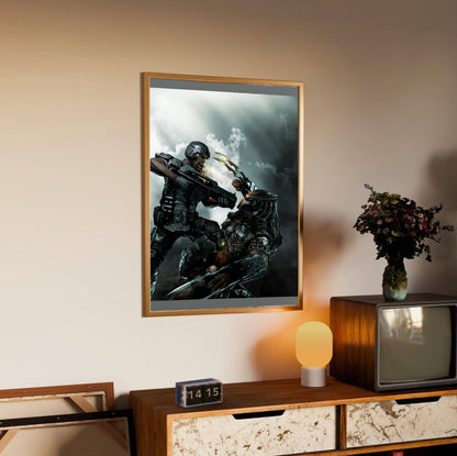 Aliens vs. Predator 2010 marketing art by Mike Man in an oak frame above a sideboard