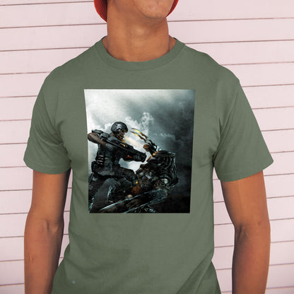 Aliens vs. Predator marketing art by Mike Man tee worn by a model in a cap, green