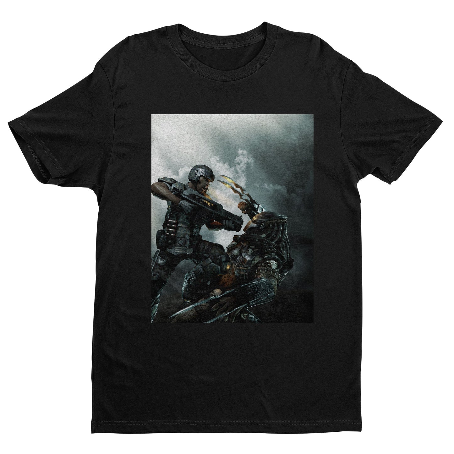 Aliens vs. Predator marketing art by Mike Man tee — black unisex t-shirt, front view