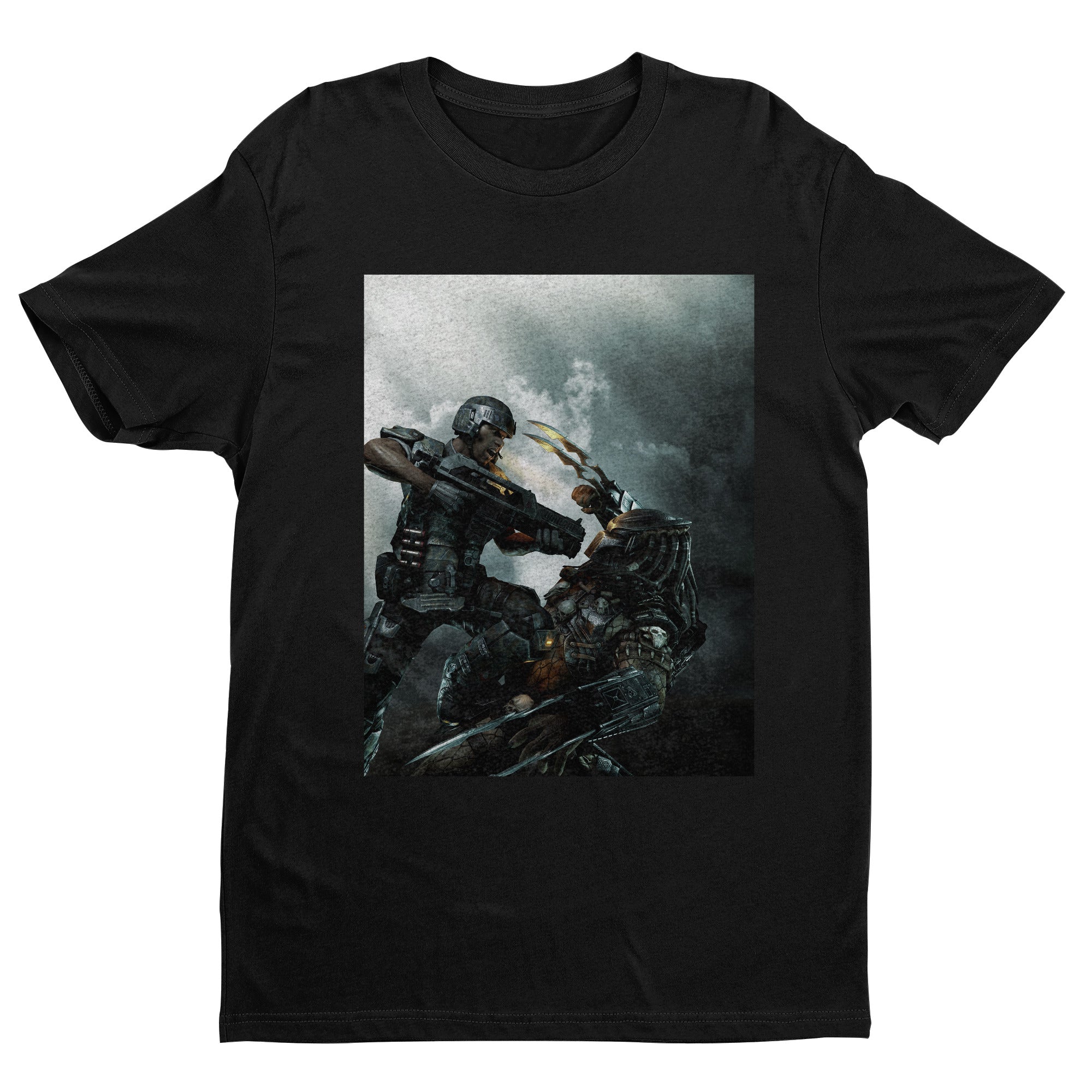 Aliens vs. Predator marketing art by Mike Man tee — black unisex t-shirt, front view
