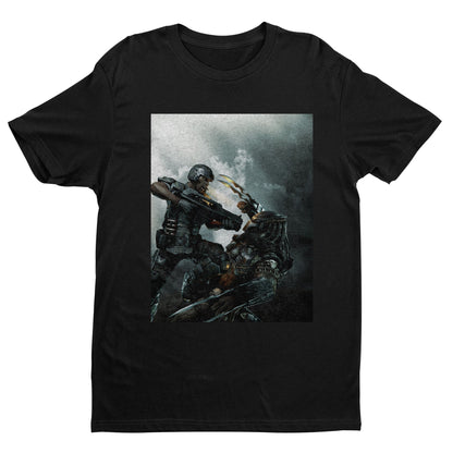 Aliens vs. Predator marketing art by Mike Man tee — black unisex t-shirt, front view