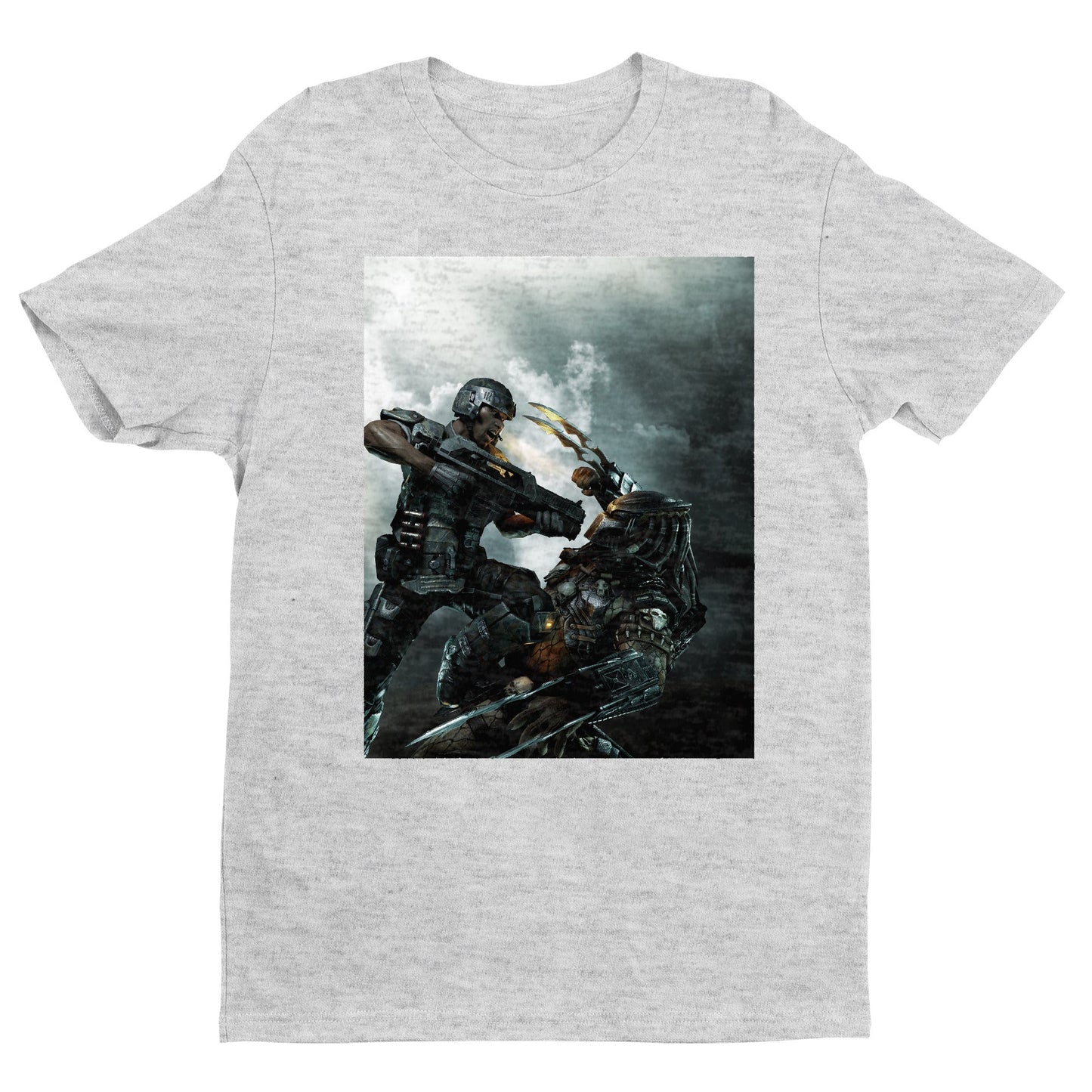 Aliens vs. Predator marketing art by Mike Man tee — gray unisex t-shirt, front view