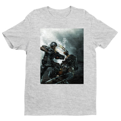 Aliens vs. Predator marketing art by Mike Man tee — gray unisex t-shirt, front view