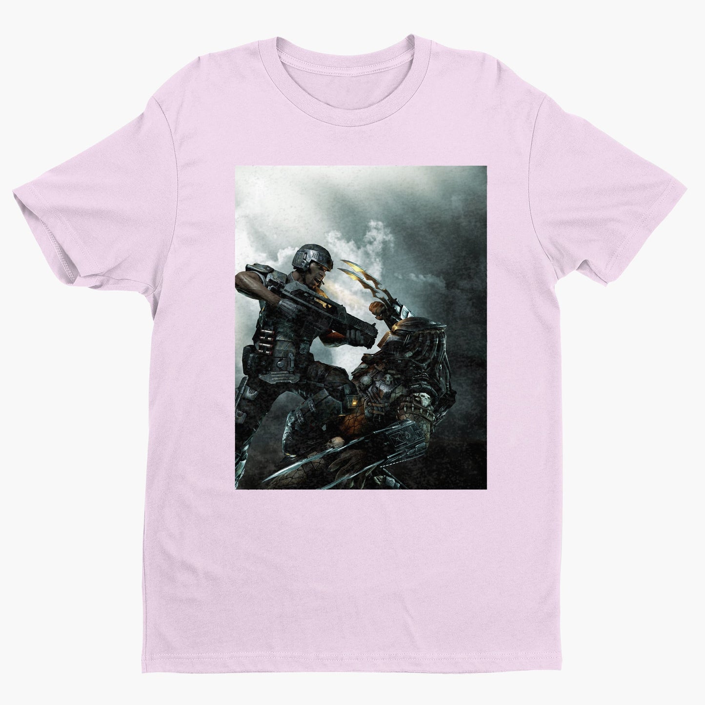 Aliens vs. Predator marketing art by Mike Man tee — light pink unisex t-shirt, front view